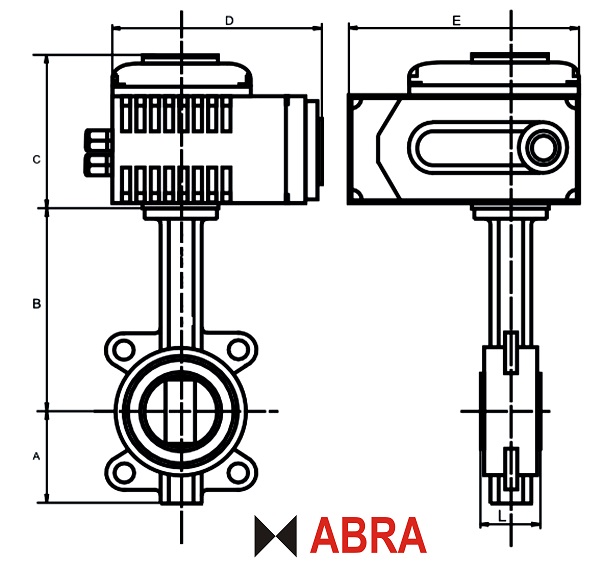 Чертеж габаритный затвора поворотного ABRA BUV-VF c электроприводом ПК Сатурн или ДН (DN) или Аирар/Архимед или аналогичными по IP, производительности и габаритам типами других производителей  (исп. S1) 1х220В, DN32-DN300