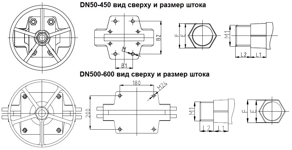 Шиберные задвижки ABRA KV02 - вид сверху и размер штока DN50-600