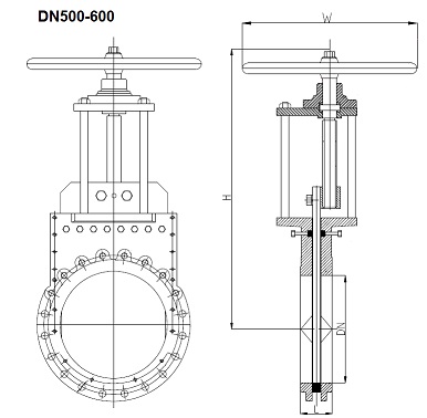 Задвижки шиберные ножевые DN(Ду) 500-600 PN(Ру) 10 двусторонние, корпус GGG40,  диск - SS AISI 304, седло EPDM. Серия ABRA-KV-01. Габариные размеры, веcа, характеристики